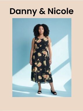 Danny & Nicole Black Floral Maxi Dress with Cream & Peach Blooms Size 18